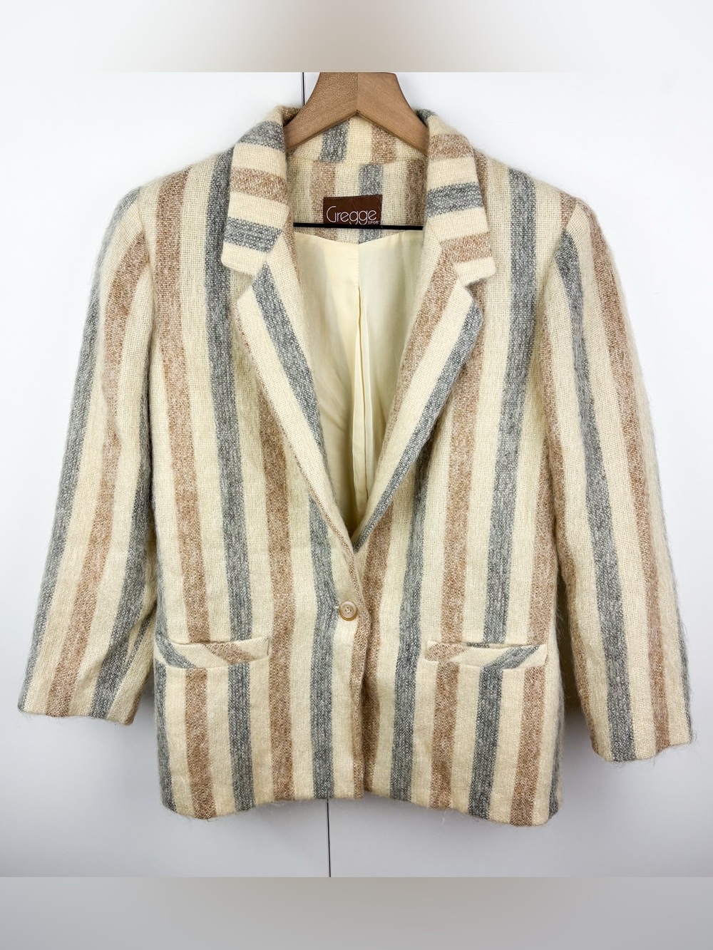 Vintage 60s Mohair Wool Striped Single Button Blazer Jacket Coat Cream Tan Grey